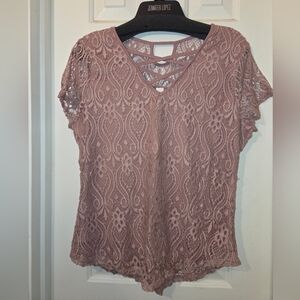 Women's Dusty Rose Cap Sleeve Elegant Lace Blouse. Junior's XXL.